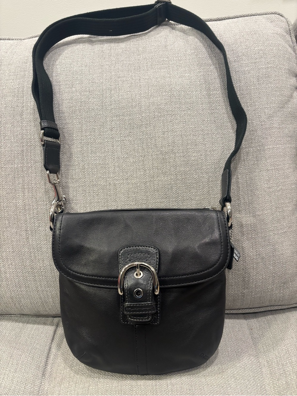 Coach Black Leather Crossbody Bag with Buckle Detail and Fabric Strap